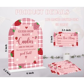 Baby Shower Games - Strawberry Guess How Many Candies Are in the Jar Game, 1 Arch Acrylic Sign and 50 Guessing Cards, Gender Reveal Game, Berry Baby Shower Decoration Supplies (ZF04)