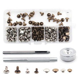 Gasea 120 Sets Leather Rivets Double Cap Button Rivet Tubular Metal Studs with 3 Fixing Tool Kit and Storage Box for Leather Craft Repairing Decoration, 2 Sizes (Silver and Bronze)