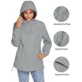 TCOT Ladies Rain Jackets Waterproof with Hood Light Portable Raincoats Windbreaker Jacket with Pockets Middle Gray XXL