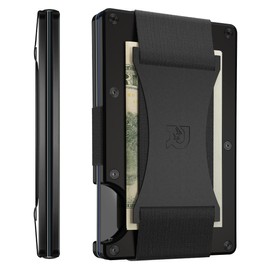 The Ridge Minimalist Slim Wallet For Men - RFID Blocking Front Pocket Credit Card Holder - Aluminum Metal Small Mens Wallets with Cash Strap (Black)