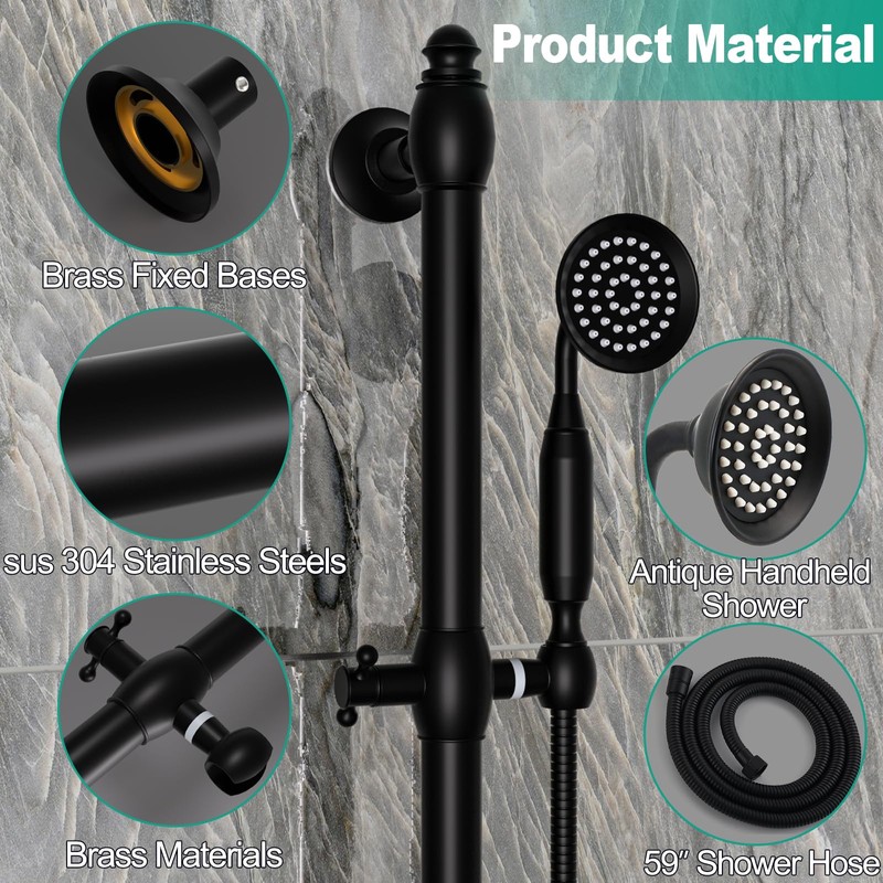 Brass Shower Slide Bar with Handheld Shower Head, Adjustable Height