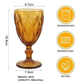 Pure Amber Wine Glasses 6Pcs a Set Solid Colors Glass Goblets Colorful Dishwasher Safe Colored Glassware With An Embossed Vintage Never Fade Colored Goblets Pattern Like Crystal (Glass, Amber)