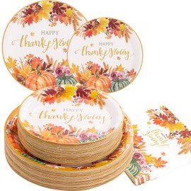 LIYH 150pcs Fall Thanksgiving Paper Plates and Napkins, Autumn Leaves Pumpkins Disposable Party Plates for Fall Harvest Decor, including 50 Dinner Plates 50 Dessert Plates 3Ply 50 Napkins