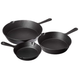 Jim Beam HEA Set of 3 Pre Seasoned Cast Iron Skillets with Even Distribution and Heat Retention-6" 8" 10", 10'', Black
