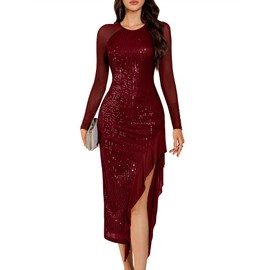 Aupuls Long Sequin Dress for Women Ruffle Formal Homecoming Dresses for Special Occasions G028 Burgundy S