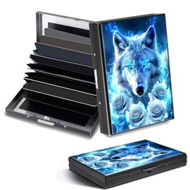 DHYYDSQZ Credit Card Holder, White Wolf Roses Design Mini RFID Blocking Aluminum Wallet Slim Metal Hard Case Shell Travel Wallet ID Case Small Credit Cards Case Business Cards for Women Men Girls