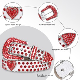 TINIDI Men Women Rhinestone Belt Western Bling Heart Crystal Diamond Studded Leather Belts for Jean Pants(White Red,Fit Waist 33-39inch)