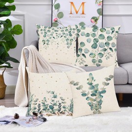 Habodd Cushion Covers 45 x 45 cm Set of 4 Outdoor Spring Green Eucalyptus Leaves Cushion Cover Linen Summer Cushion Cover Decorative Cushion Sofa Cushion Covers for Sofa Bedroom Living Room Garden
