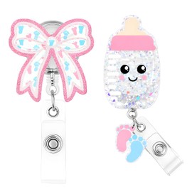 2Pcs Labor and Delivery Badge Reel, Bow and Mother Baby Badge Reel Set, Professional Nurse Id Card Holder with Alligator Clip for Office Student Work Hospital
