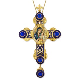 Needzo Virgin Mary Jesus Christ Eternal Bloom Russian Icon Byzantine Style Wall Cross Pendant Pearls 9 Inch, Blue