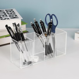 Top-spring Acrylic Pen Pencil Holder, 4 Compartments Clear Desk Organiser for Pens, Pencils, Makeup Brushes, Pen Pot for Classroom, Office,Stationary Organiser (Style D)