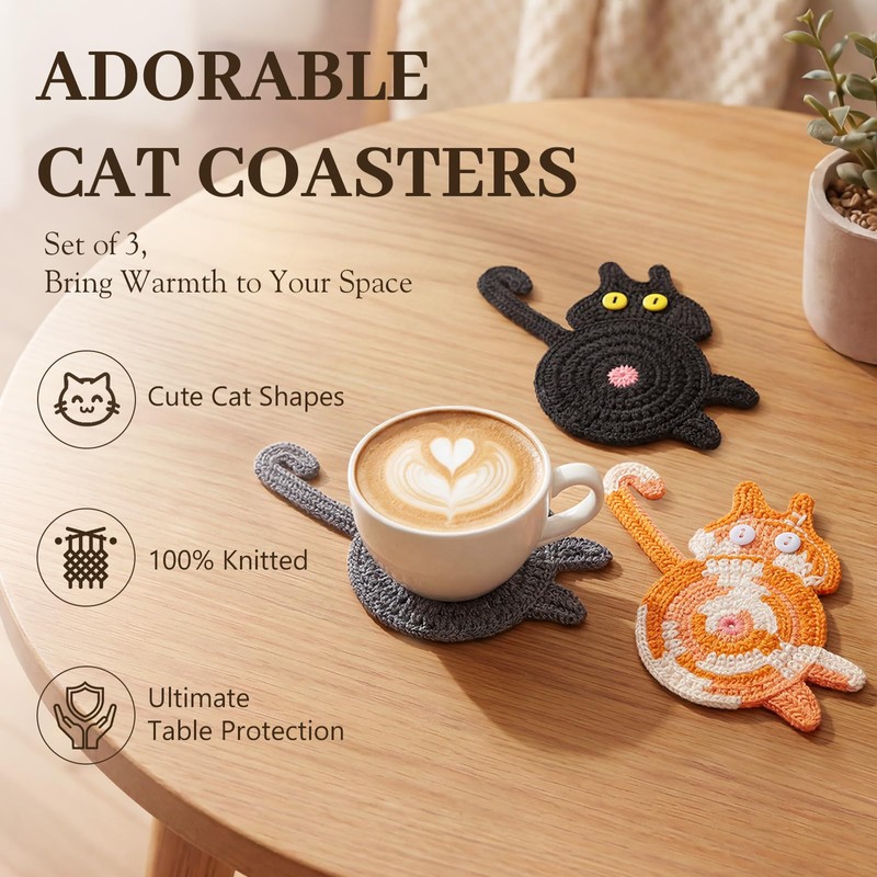 Yinsun Cat Coasters for Drinks 3 PCS Set, Cute Knitted