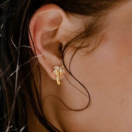 FETTERO Stud Earrings for Women - 14K Gold Plated CZ Hypoallergenic Earrings Studs Charm Coconut Tress Gold Earrings for Women Summer Beach Jewelry