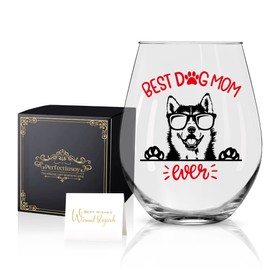 Perfectinsoy Dog Mom Ever Wine Glass with Gift Box, Cute Husky Dog Themed, Dog Lover Gifts for Her, Dog Moms, Grandma, Wife, Sister, Wine Glass Gift for Dog Lovers