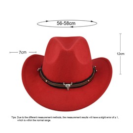 Women Men Classic Western Cowboy Hat Retro Vintage Rave Jazz Hat Autumn Winter Wide Brim Hat with Belt (A-Red, ONE Size)