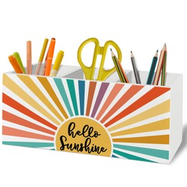 XLDLIOO Hello Sunshine Boho Pen Pencil Holder Organizer for Desk Accessories, Boho Abstract Colorful Sun Sunshine Wooden Box Sign Desk Decor for Home Bedroom Office Classroom Decoration