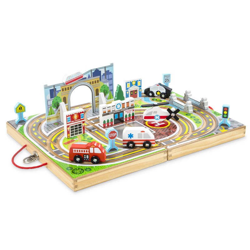 Melissa & Doug 18-Piece Wooden Take-Along Tabletop Town, 4 Rescue