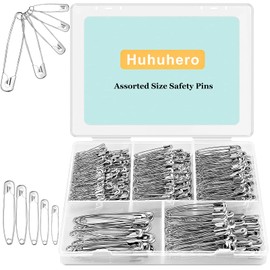 Huhuhero 340 Pack Safety Pins Assorted, Small & Large Heavy Duty Safety Pins for Clothes Costume Sewing, 5 Different Sizes Nickel Plated Steel Pin Bulk, Crafts Art Supplies, Silver