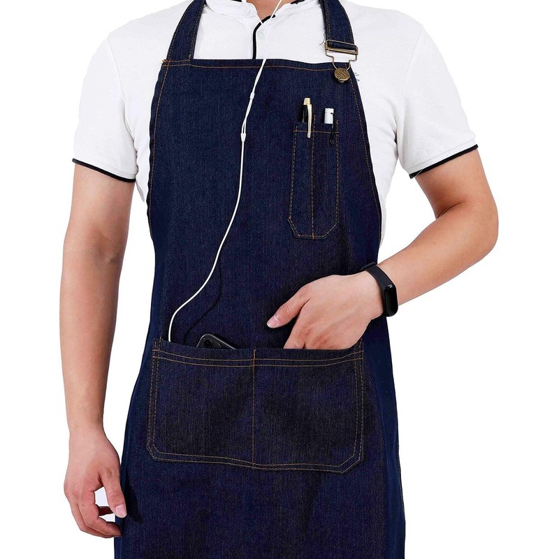 Denim Apron with Pockets for Men Women Chef Kitchen BBQ
