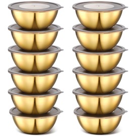 Nuogo 12 Pack 6.69 inches Gold Mixing Bowls with Airtight Lids Gold Serving Bowl Metal Salad Fruit Bowls Stainless Steel Soup Bowls Kitchen Accessories for Lunch Snack