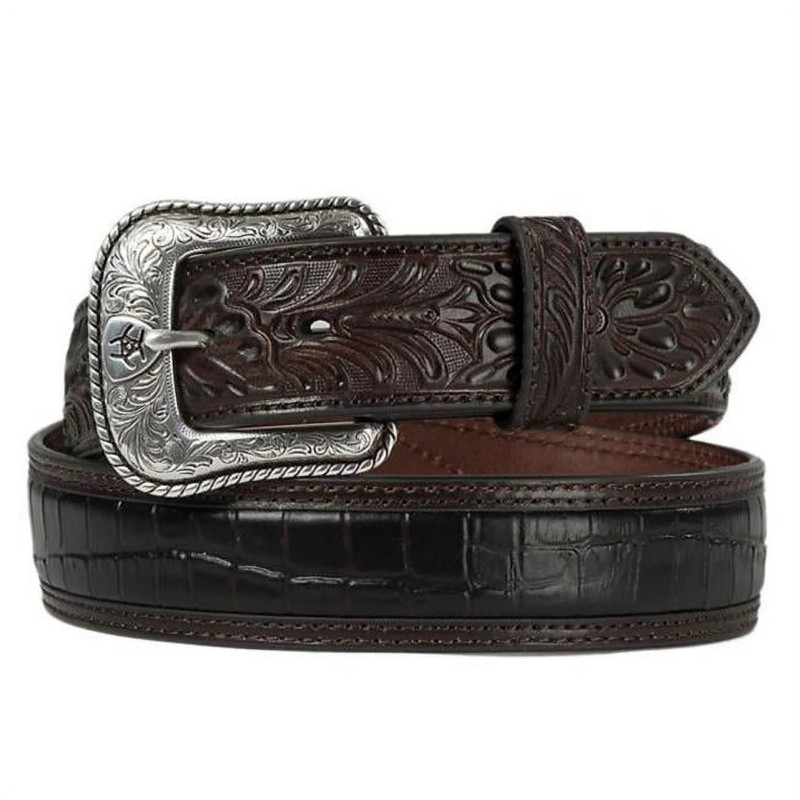 ARIAT Men's Floral Tab Faux Crocodile Leather Belt, Brown, 36