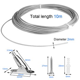 Steel Cable, Cable Tension Set, 10 m x 2 mm, Rope Tension System, Adjustable Curtain Rope with PVC-Coated, Steel Cable 2 mm, Adjustable Garden Wire Ropes, for Hanging Curtains, Lamp Suspension