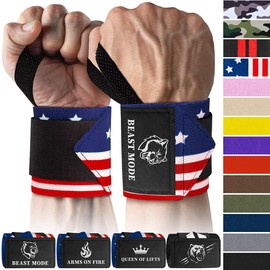 TECEUM Weightlifting Wrist Wraps with Thumb Loop – US Flag – Beast Mode – 12 inch – Heavy-Duty Workout Wrist Support & Protection – Ideal for Powerlifting, Strength Training, Bodybuilding