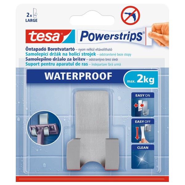 tesa Powerstrips Waterproof Rasiererhalter Zoom, Metall - Selbstklebender Rasiererhalter aus