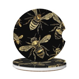 Buyidec Golden Honey Bees Absorbent Car Coasters 2 Pack Cup Holders, 2.56" Ceramic Stone & Non-Scratch Cork Base Drink Coasters Cute Car Assecories for Women Men