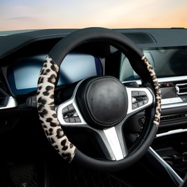 Yellow Leopard Leather Steering Wheel Cover Auto Steering Wheel Protector, Anti-Slip, Breathable, Absorbing Sweat, Universal Car Accessories 14.5–15 inch,Fit for Most Car, Trucks, SUV