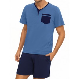 Litherday Men's Pyjamas Set Short Sleeve Pjs Soft Summer V-Neck Nightwear Soft with Pockets Sleepwear Loungewear Cotton Size S-XXL