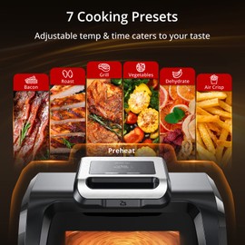 Indoor Grill/Griddle Combo with View Window, 7-in-1 Smart Smokeless Electric Grill with Air Fryer, Bake, Roast, Broil and Dehydrate, Preheat, 1750W, Smart Thermometer, Silicone Tongs included