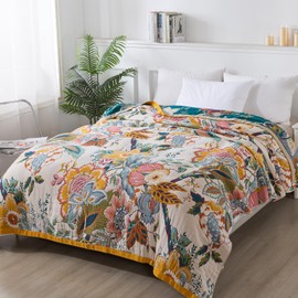 Snycler Boho Throw Blanket, 100% Cotton Soft Luxury Throw Rustic Quilt, 80"x90" Floral Printed Farmhouse Decor Bed Summer Blankets, All Season Rustic Reversible Bohemian Throw for Bed - Flower