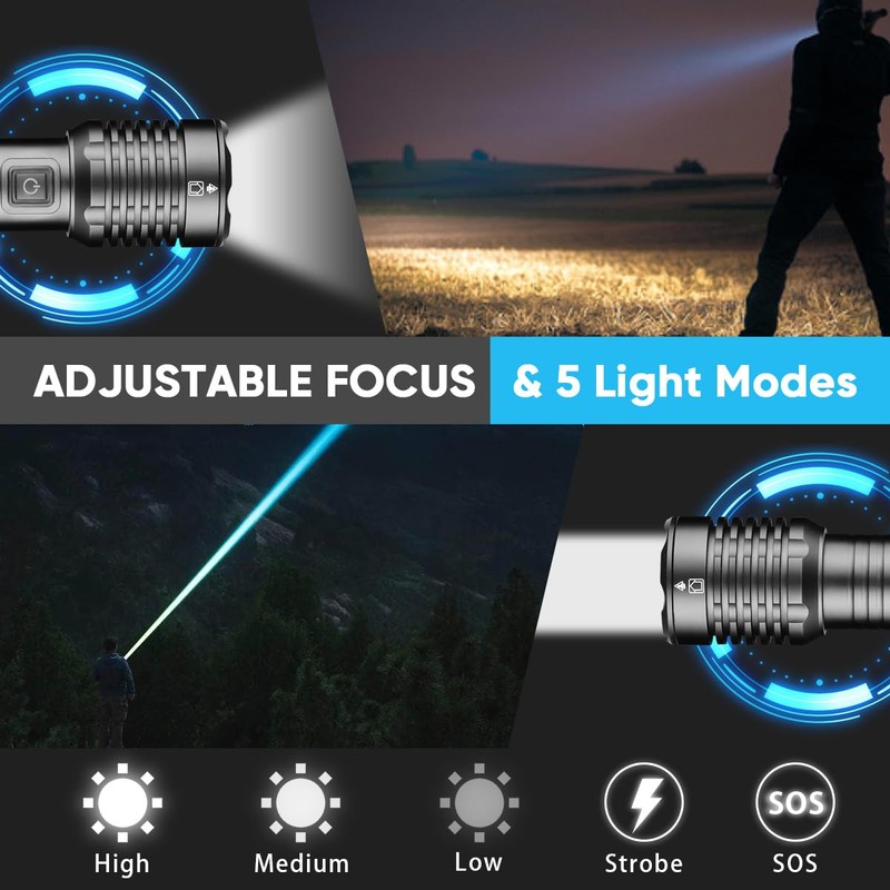 NAKCNM Rechargeable Flashlight High Lumens 2000, 5 Modes Small Powerful