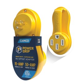 Camco Power Grip Electrical Offset Adapter - 15 amp to 50 amp RV Power Adapter - Offset Design to Relieve Cord Stress (55137)