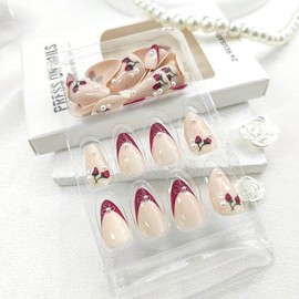 French Tip Press on Nails Short Almond Fake Nails with Pearl Bow Fruit Designs Red Nails Press ons Glossy Glue on Nails Nude False Nails Cute Acrylic Nails Artificial Stick on Nails for Women 24Pcs