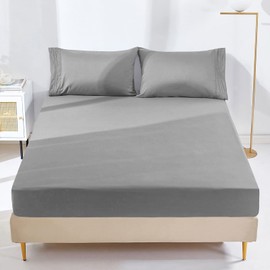 YIYEA Twin Fitted Sheet, 1800TC Hotel Quality Double Brushed Microfiber Deep Pocket Fitted Sheet Twin Size, Ultra Soft, Shrinkage, Fade Resistant, Fitted Sheet Only (Twin, Light Grey)