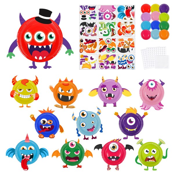 MENGON 12 Sets Art and Crafts Kit for Kids Toddlers Monster Plate Paper Crafts 3-12 Year Old Creative Activity Party Pack Preschool Educational DIY Toys Handmade Gifts Boys Girls