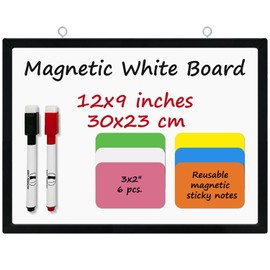 White Board Mini Kit - 9 x 12 in Whiteboard with 2 Dry Erase Markers and 6 Magnetic Notes - Small Double-Sided Wall Hanging Dry Wipe Off Board for Home and Office