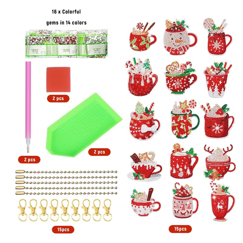 ASFWAGQ Painting Diamond Set of 15 Christmas Key Chains 5D