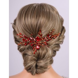 Teyglen Bride Rhinestone Wedding Headband Red Teardrop Crystal Hair Piece Bridal Hair Vine Wedding Hair Accessories Sparkly Rhinestone Headpiece for Women (Red)