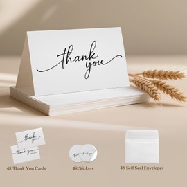 Thank You Cards with self seal Envelopes and Matching Stickers,3x3.5 Inch Minimalistic Design,Printable, Mailing, suitable for Weddings, Business, Baby & Bridal Showers, Graduations & Funerals.(48 pack)