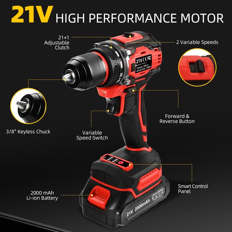 21V Cordless Power Drill/Driver Set, 2 Variable Speeds with LED