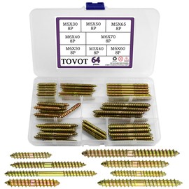 TOVOT 64PCS 8 Sizes Double Ended Screws Assortment Set M5 M6 Double Ended Screws Self-Tapping Dowel Screws for Wooden Furniture (M5×30/40/50/65MM M6×40/50/60/70MM)