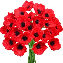 Pack of 24 Artificial Flowers Like Real - Lifelike Red Poppies PU Material for Wedding Home Decoration