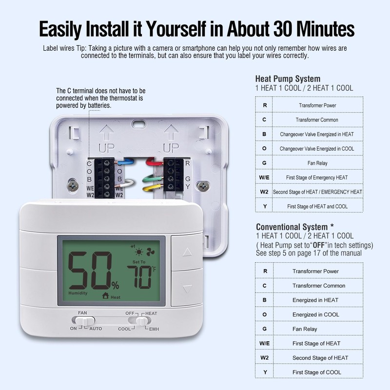 Garystat Non-Programmable Heat Pump Thermostat for House 2 Heat/1 Cool,