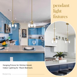 Bagood 8" Globe Pendant Light Gold Mid Century Modern Light Fixture Clear Glass Pendant Lights Kitchen Island Modern Pendant Lights Brushed Brass Finished with Clear Glass Lampshade for Bedroom