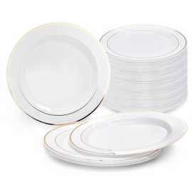 " OCCASIONS " 240 Plates Pack, Heavyweight Wedding Party Disposable Plastic Plates (10.5'' Dinner Plates, White & Gold Rim)