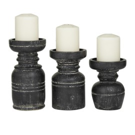 Deco 79 Wood Decorative Candle Holder Candle Stand, Set of 3 Candlestick Holder 9", 7", 6"H, Black