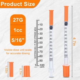 U-100 1ml Syringe 27 Gauge 5/16 Inch(8mm), 1cc Lab Supplies, Individually Sealed Pack of 20